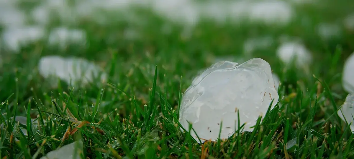 Hail stones on the ground near a residential solar panel array