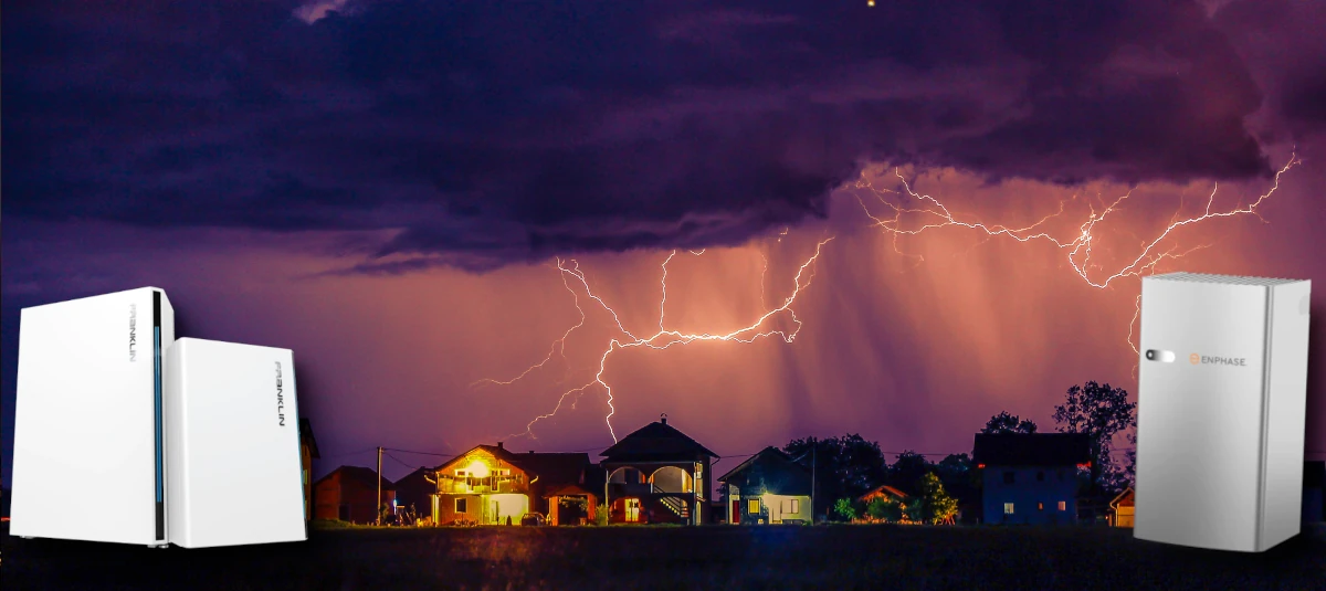 Homes in a thunderstorm, with solar home batteries