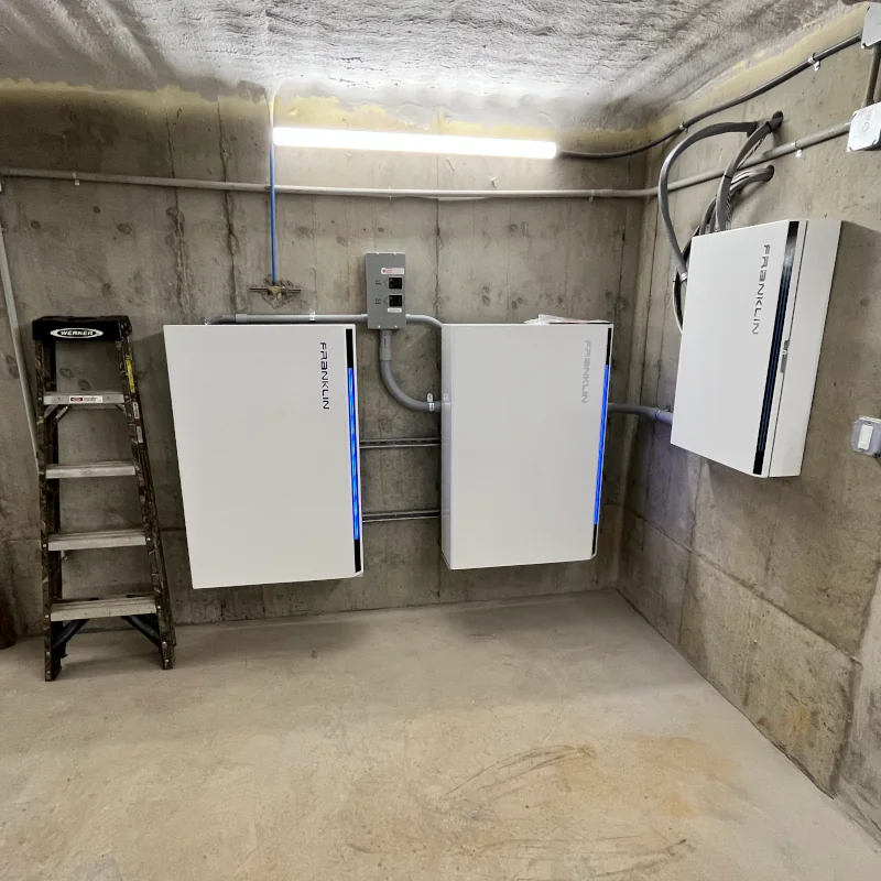 Stacked FranklinWH aPower 2 batteries installed in a Virginia basement