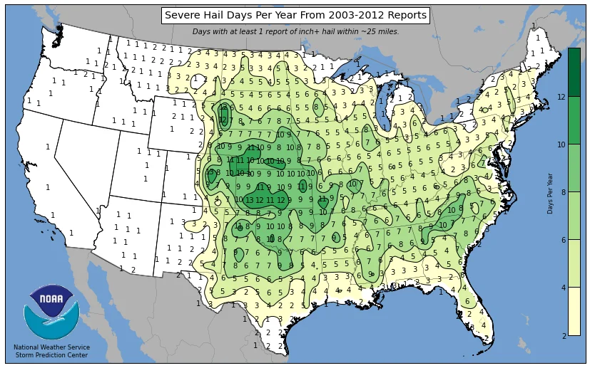 NOAA map of the United States showing severe hail risk by region