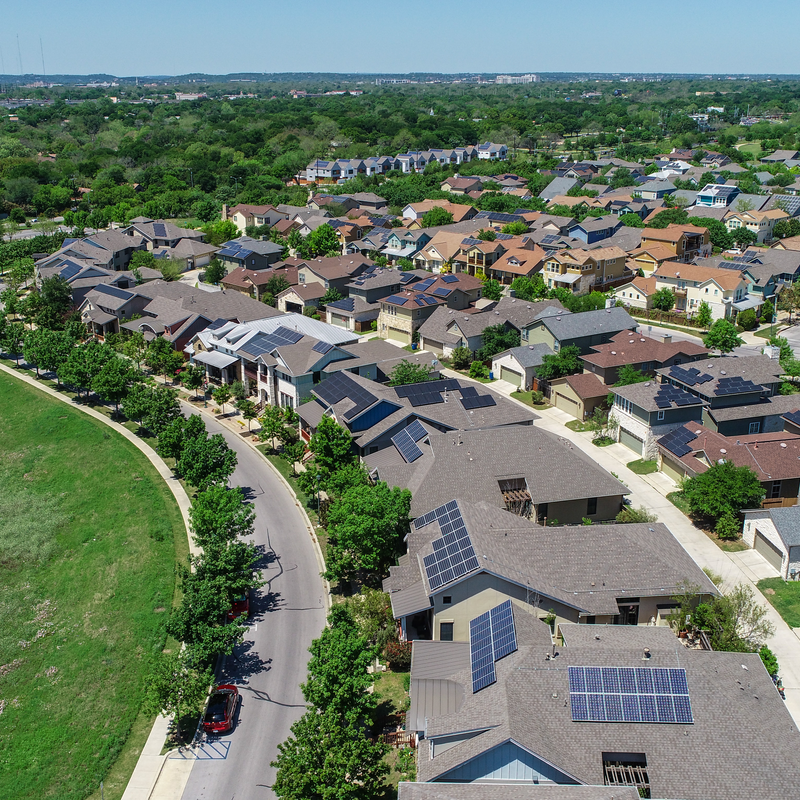 Residential neighborhood with solar panels installed