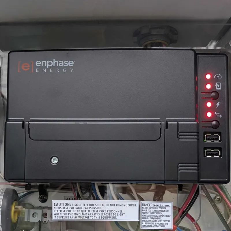Enphase Envoy-S gateway with all four LEDs lit solid red