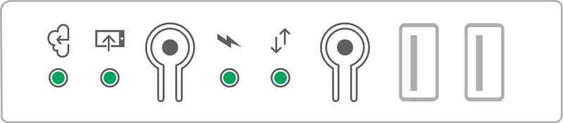 Diagram of the Enphase IQ Gateway LED strip showing the network, AP mode, power production and device communication indicators and the two buttons