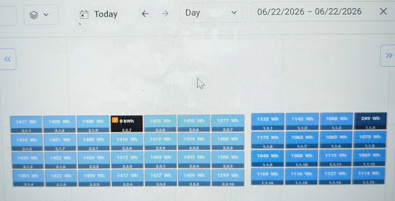 SolarEdge monitoring layout view showing one panel at 0 kWh while surrounding panels show normal production